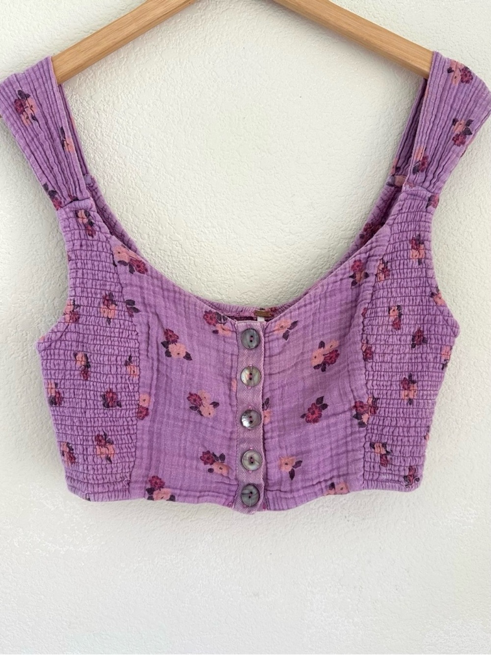 Free People Purple Floral Smocked Button Front Crop Top M